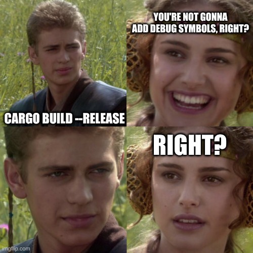 Anakin/Padmé meme about Cargo and debug symbols